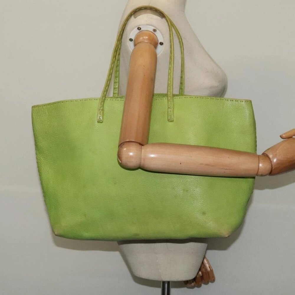 FENDI Tote Bag Leather Green Silver Auth